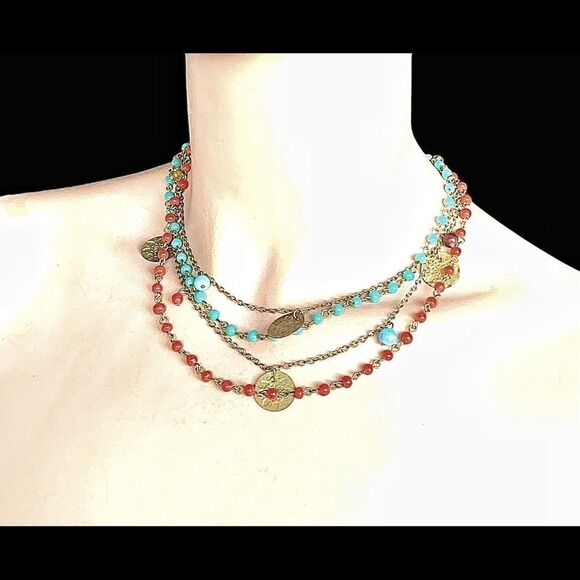 Vintage ethnic boho red & turquoise glass bead  gold coin chain necklace. 15.5” - Picture 3 of 7